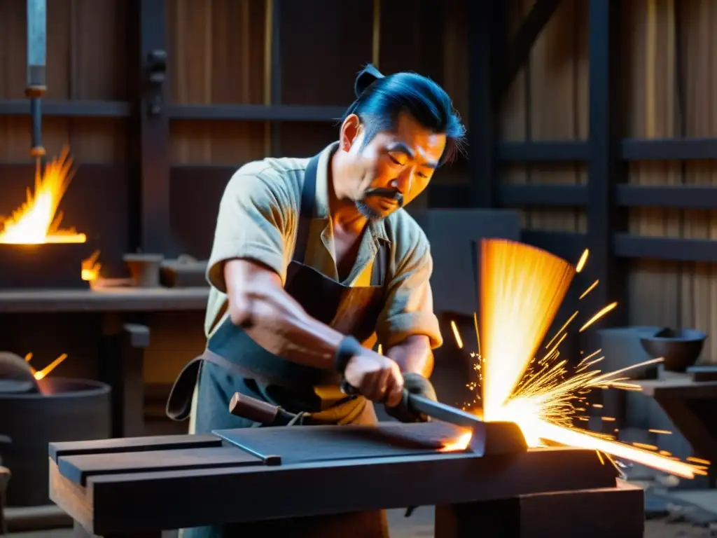 Un artesano japonés selecciona materiales para armadura samurái en su taller, con una atmósfera de intensidad y precisión