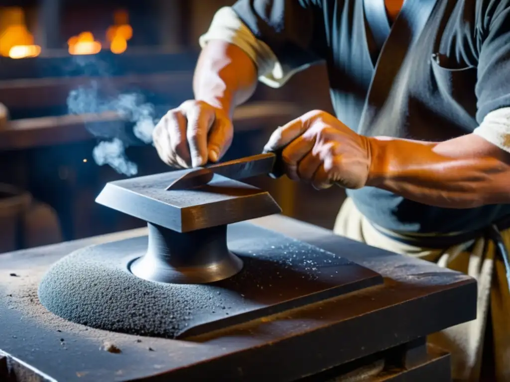 Un artesano japonés forja una placa de armadura samurái con técnicas tradicionales