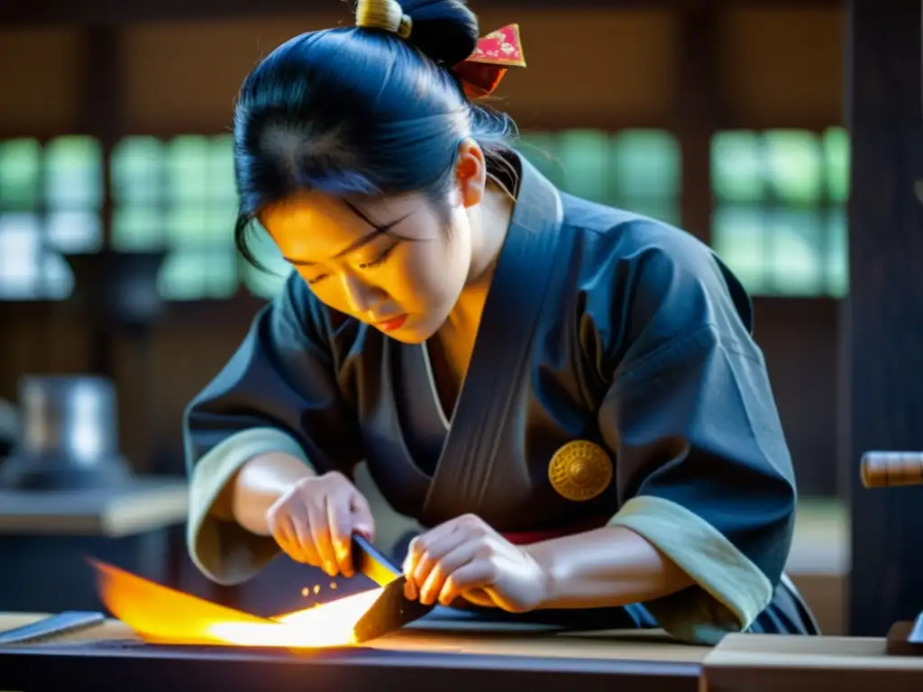 Artesano japonés forjando con precisión una armadura femenina samurái, reflejando la tradición y la maestría en la fabricación