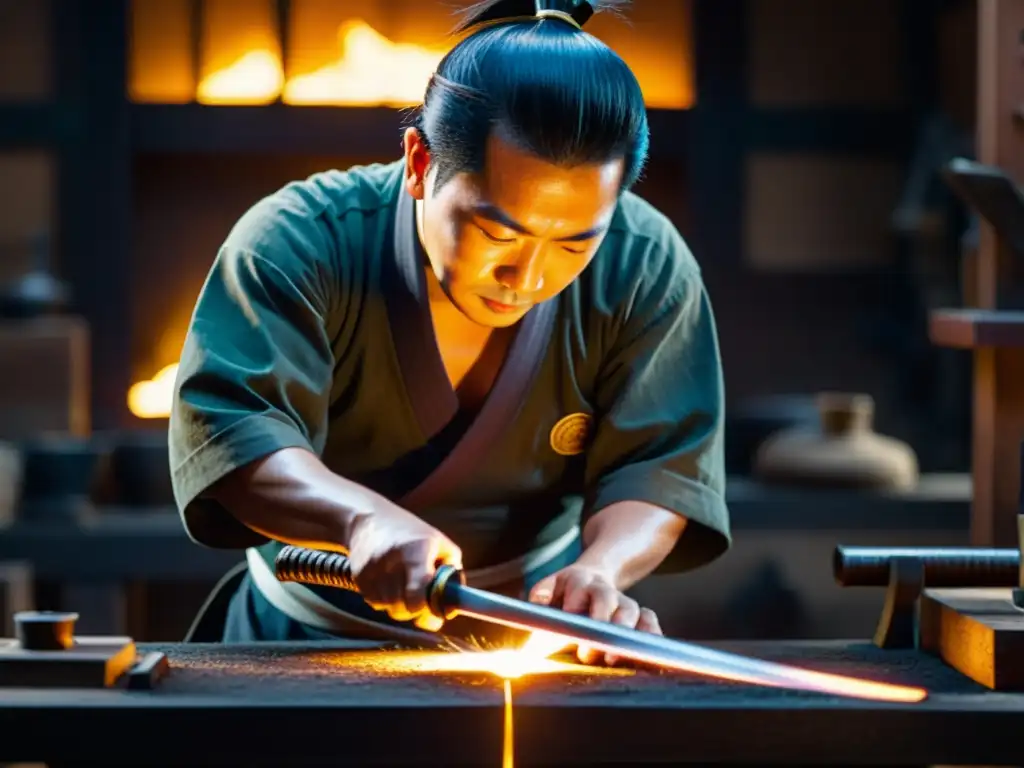 Artesano japonés forja con ritual de limpieza espada samurái en taller cálido y etéreo