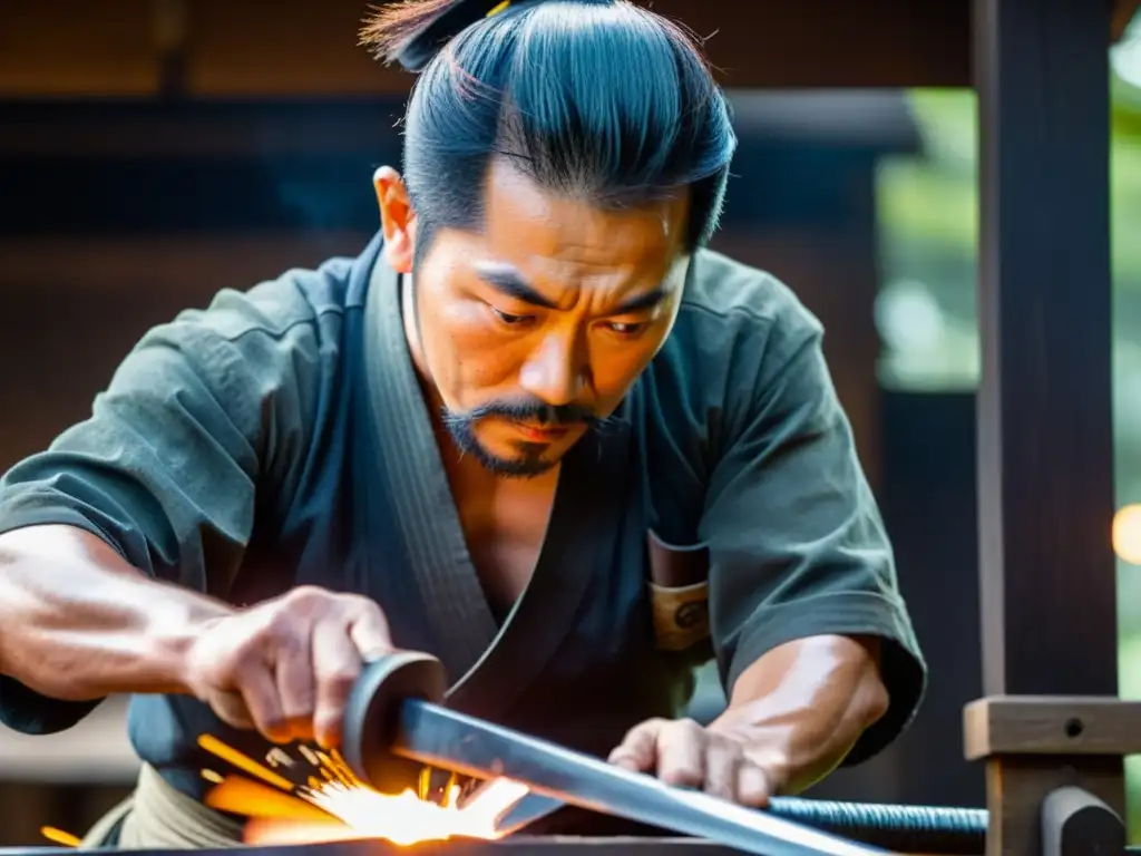 Un artesano japonés forja con maestría una katana samurái, iluminado por el intenso calor del horno