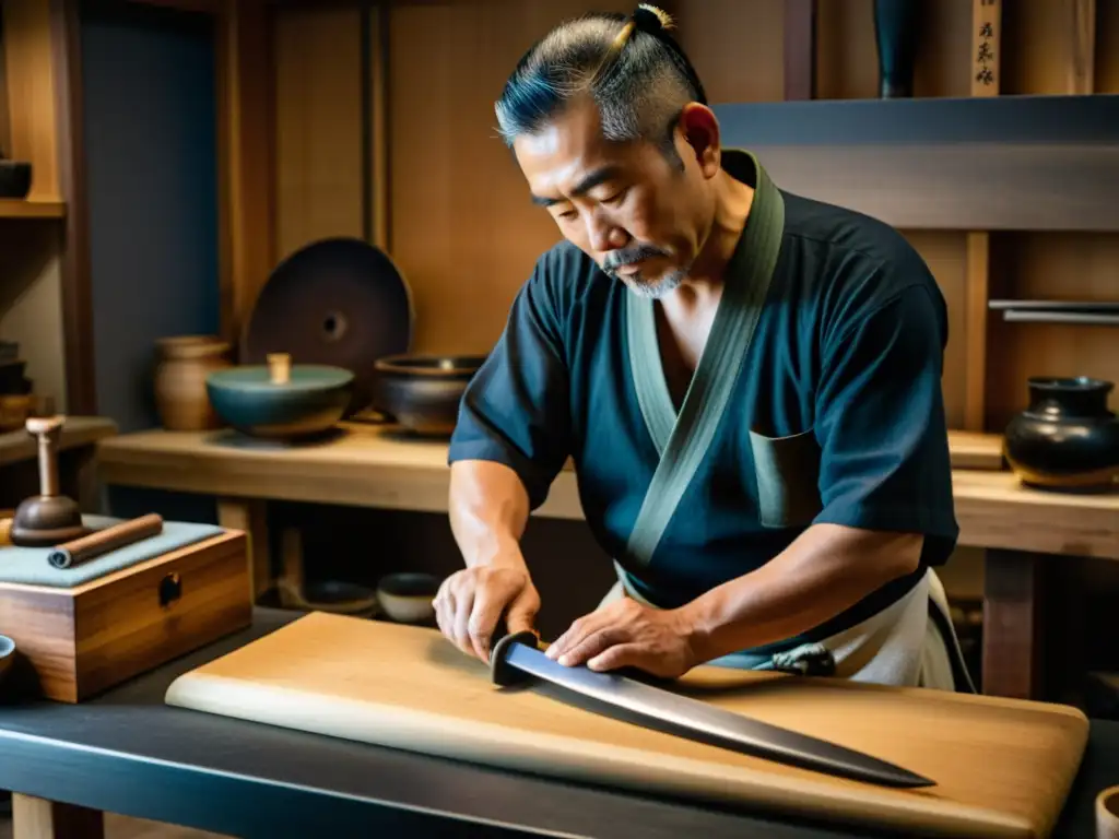 Un artesano japonés talla meticulosamente una saya de madera para una katana, resaltando la importancia de conservar la espada