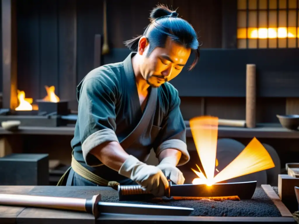 Artesano japonés tradicional forjando una katana con el proceso completo de creación en su taller iluminado por el cálido brillo del fuego de carbón