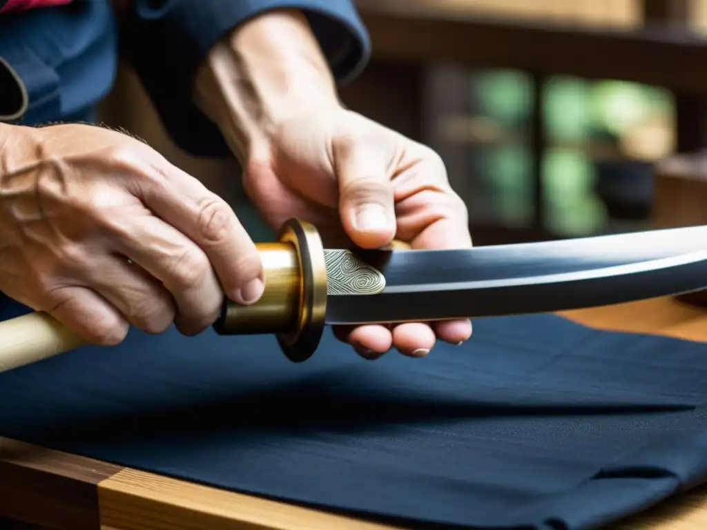 El artesano japonés envuelve con precisión el tsuka de un Wakizashi, mostrando el proceso creación Wakizashi auténtico con maestría