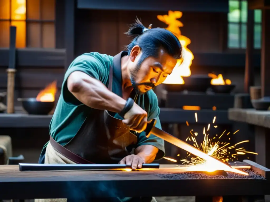 Un artesano forja una katana con precisión milenaria en un taller rústico, evocando la evolución de las espadas samurái