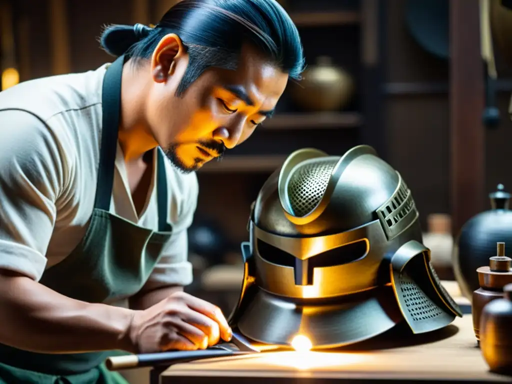 Un artesano maestro, detallando meticulosamente un casco de samurái, con expresión concentrada y herramientas en un taller tradicional