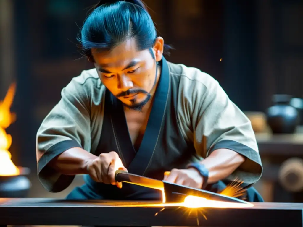 Un artesano maestro de Naginata da forma con cuidado a la hoja de la arma en la cálida luz de la fragua