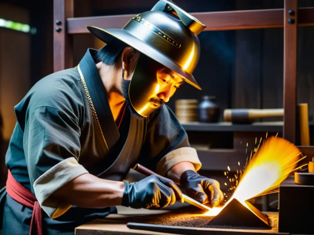 Un artesano maestro forja un Kabuto en un taller del periodo Edo