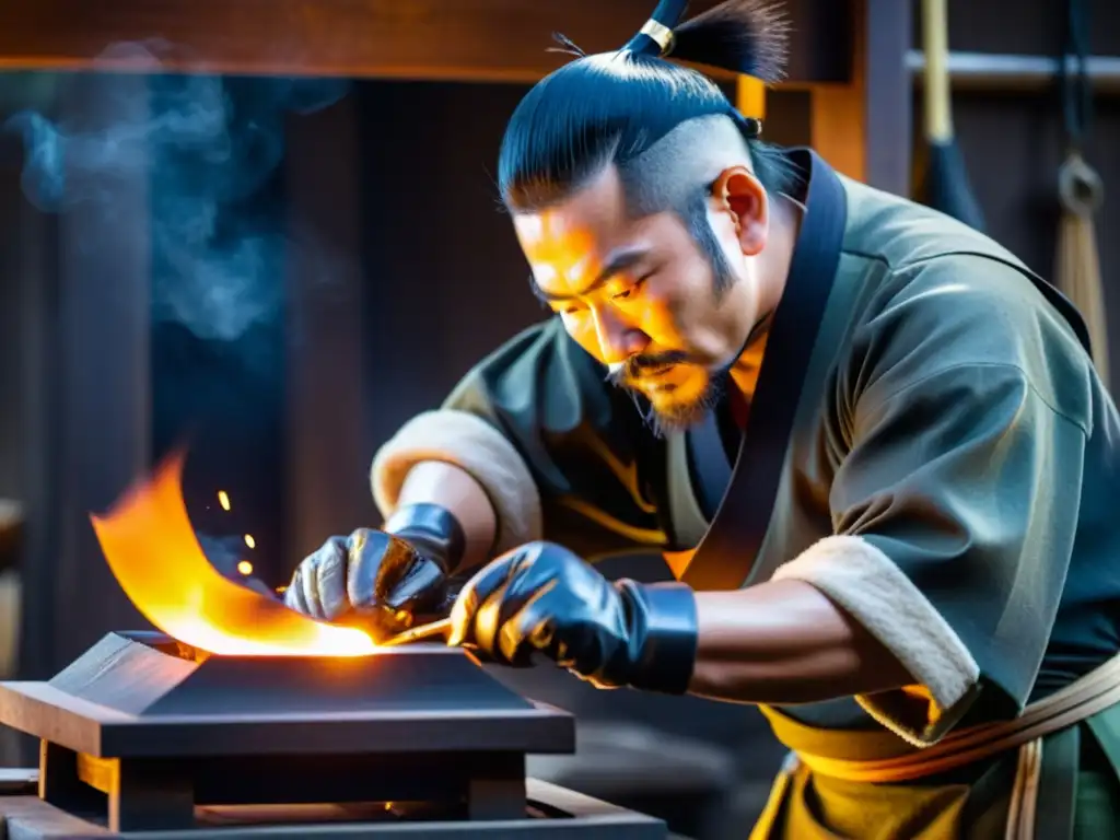 Un artesano forja una pieza de armadura samurái yoroi con técnicas de fabricación ancestrales en un taller japonés