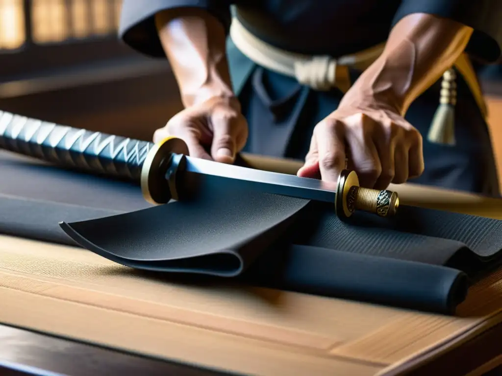 Artesano forja con precisión una katana, reflejando la disciplina y tradición samurai en su entrenamiento marcial