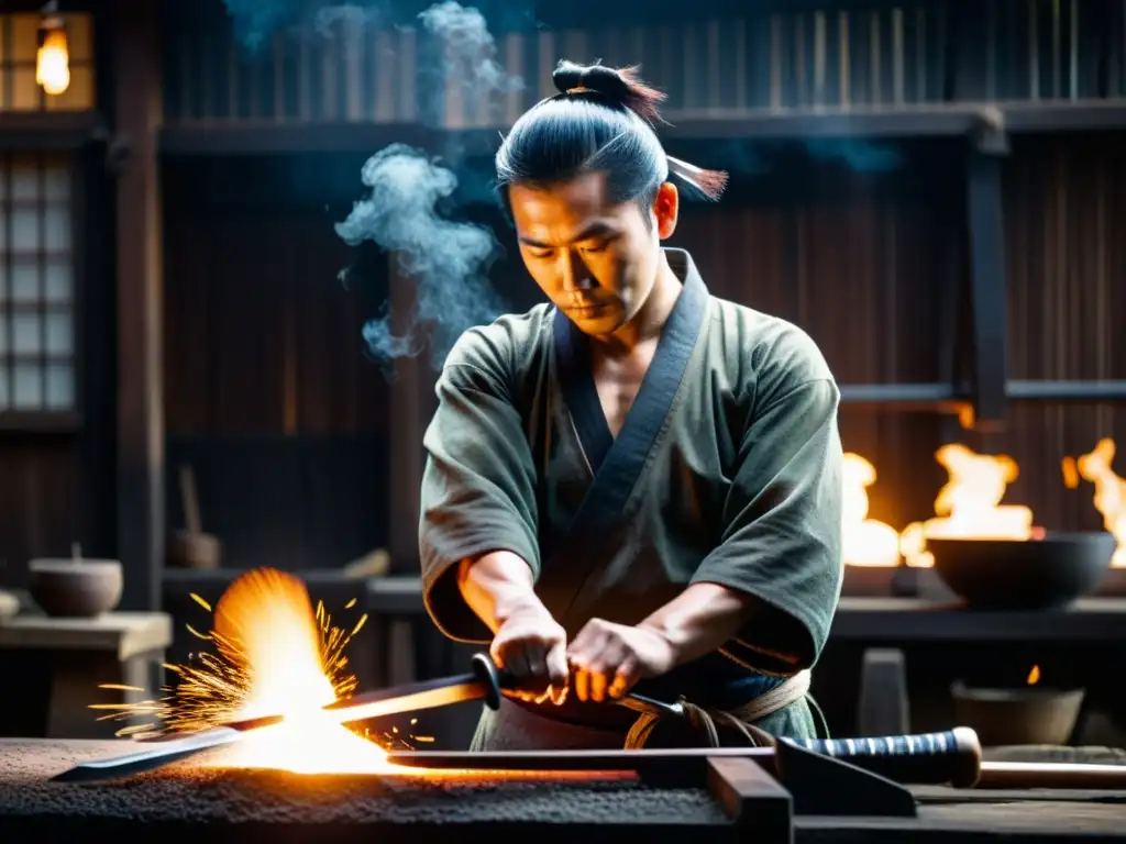 El hábil artesano forja con precisión una katana en su taller, resaltando el arte de la espada samurai