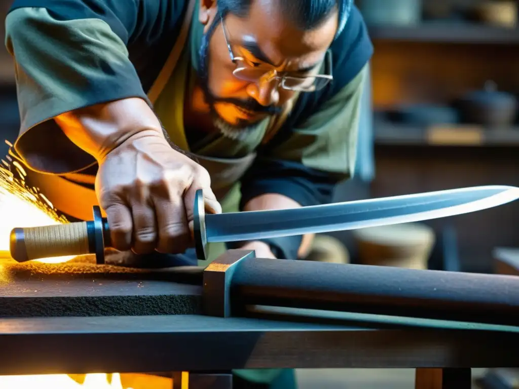 Artesano forja con precisión una katana tradicional japonesa con metalurgia experta