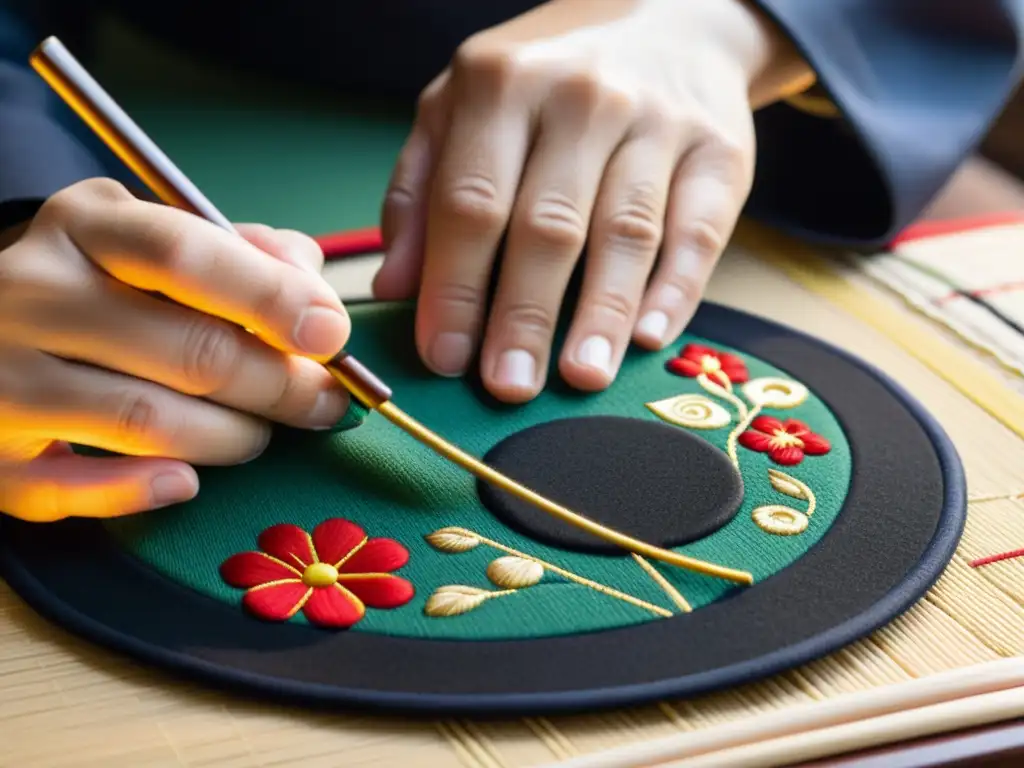 El hábil artesano borda con precisión un parche samurái único, evocando tradición y artesanía