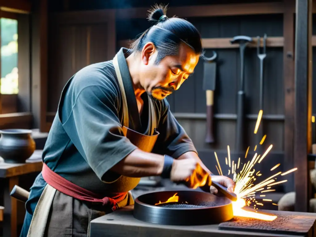 Un artesano forja con maestría una réplica de armadura samurái en su taller tradicional japonés, entre vapores y el aroma del carbón ardiente