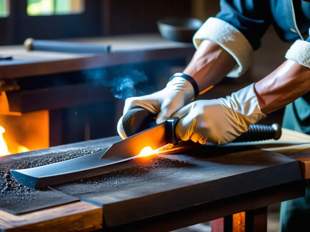 El hábil artesano forja con maestría un Wakizashi, revelando los secretos de las escuelas de forja del Wakizashi