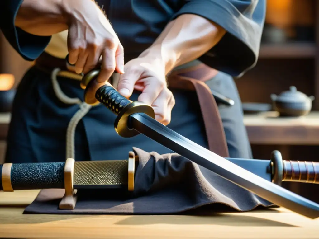 Artesano aplicando técnicas de conservación a una katana histórica, resaltando la artesanía y dedicación en la restauración de estas icónicas armas