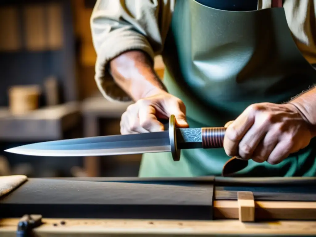 Un artesano hábil forja un Wakizashi con técnicas tradicionales y herramientas modernas, mostrando la evolución del Wakizashi