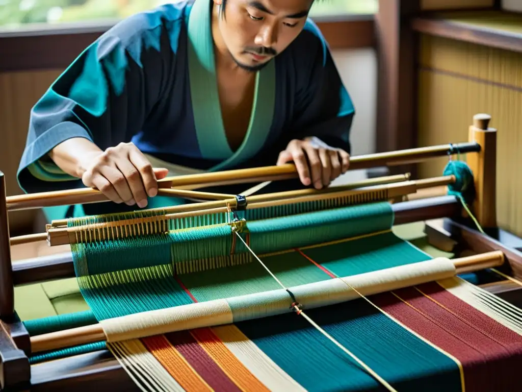 Artesanos tejen con destreza tapices con motivos de samurái en un telar tradicional japonés, rodeados de hilos coloridos