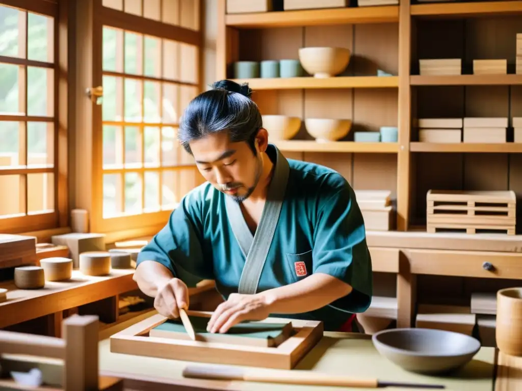 Artesanos japoneses tallan grabados Ukiyoe samurái con meticulosidad en taller tradicional, evocando reverencia por el arte