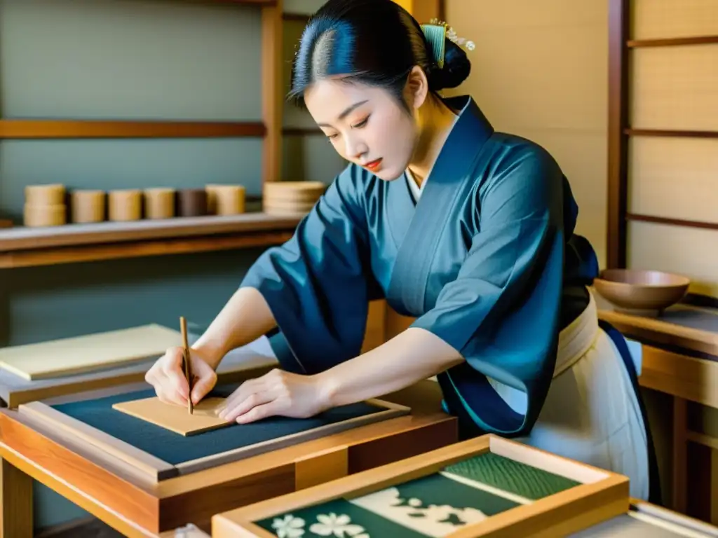 Artesanos japoneses crean impresiones ukiyoe durante el shogunato Meiji, destacando el impacto cultural y la tradición artística