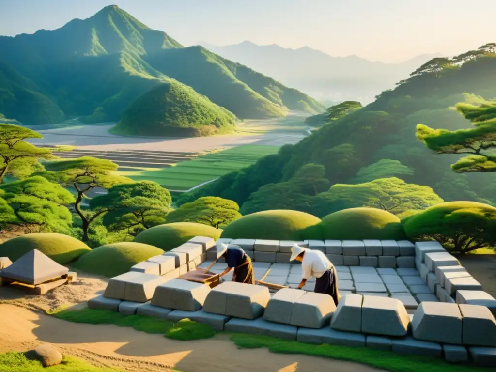 Construcción artesanal de castillo japonés al atardecer Artesanos japoneses colocando piedras en la construcción de un castillo samurai, con un paisaje exuberante y montañas en la neblina al fondo