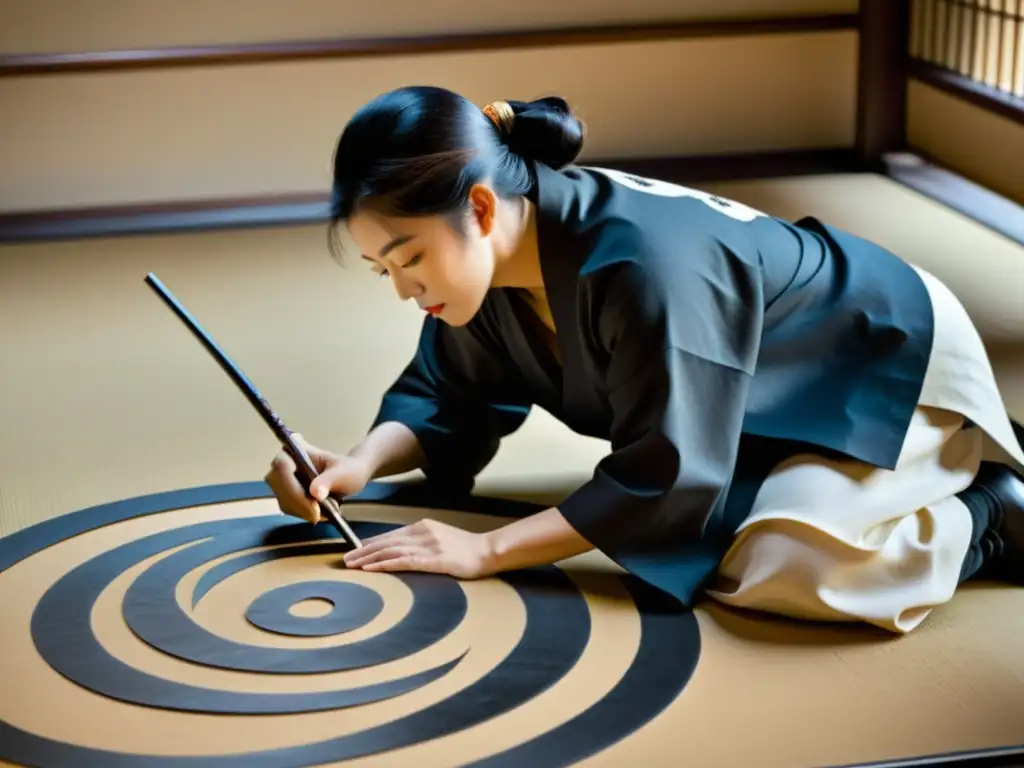 Artista de la caligrafía samurái inspiradora cuadros con pinceladas elegantes y concentración intensa en su estudio japonés bañado por luz natural