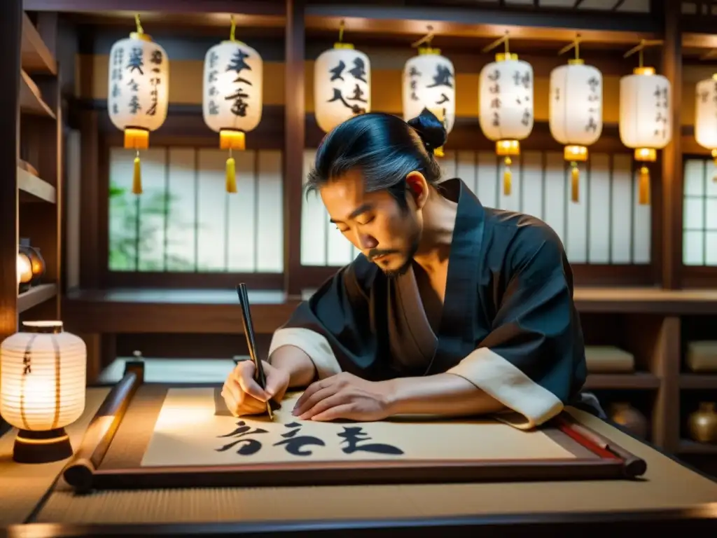 Un artista de caligrafía japonés crea personajes épicos en un pergamino, en un estudio tranquilo iluminado por faroles de papel