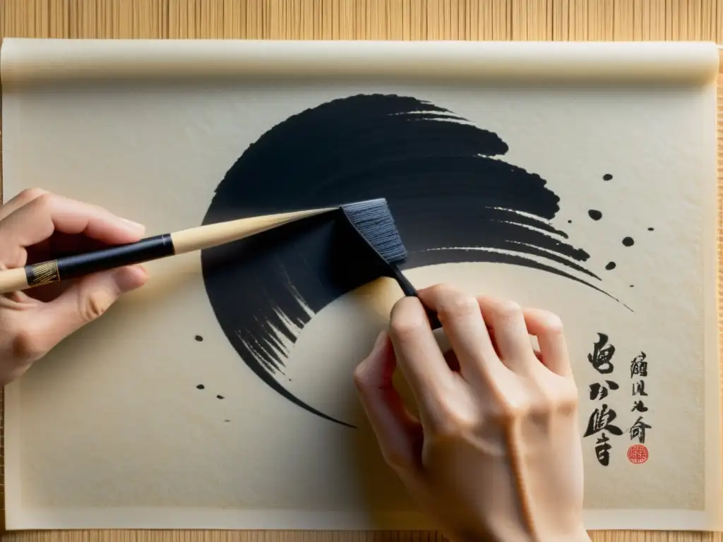 Un artista de la caligrafía japonesa se concentra, con pincel en mano sobre papel de arroz, en un acto de meditación y precisión