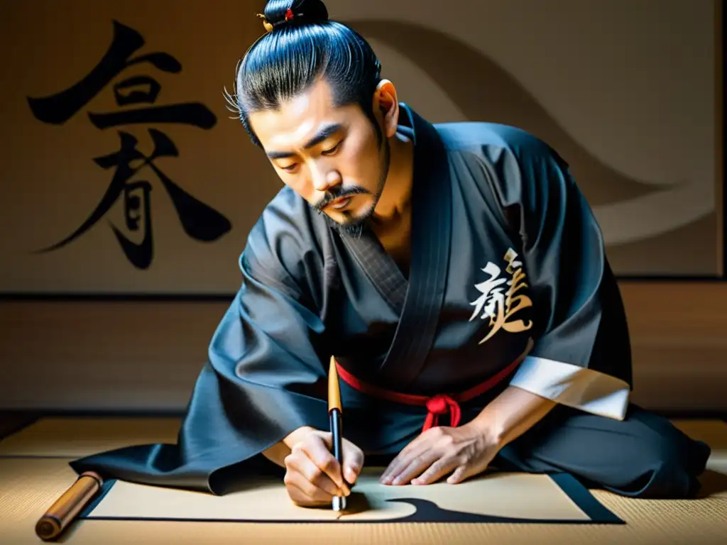 Un artista de caligrafía samurái, vistiendo un kimono, crea caracteres con disciplina y belleza, evocando tradición y maestría artística