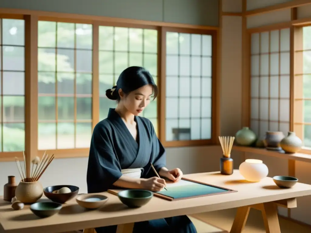 Un artista contemporáneo se sumerge en la creación de una pintura samurái en un estudio tranquilo, rodeado de suministros tradicionales japoneses