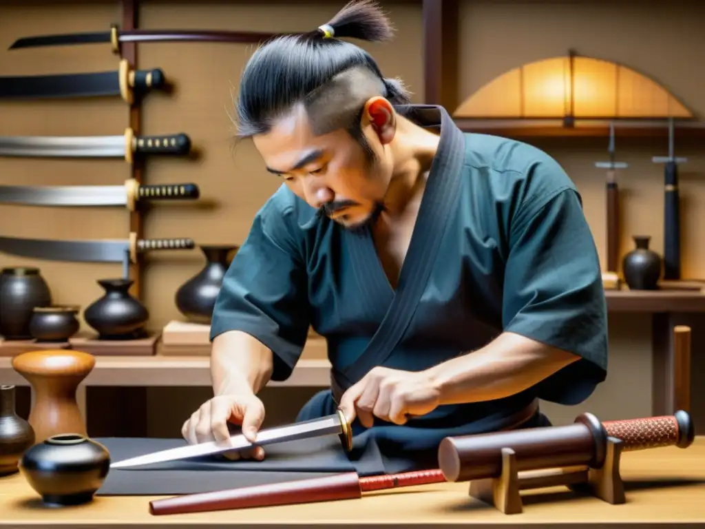 Un artista contemporáneo crea con meticulosidad una réplica de una espada Wakizashi, rodeado de herramientas y materiales japoneses tradicionales