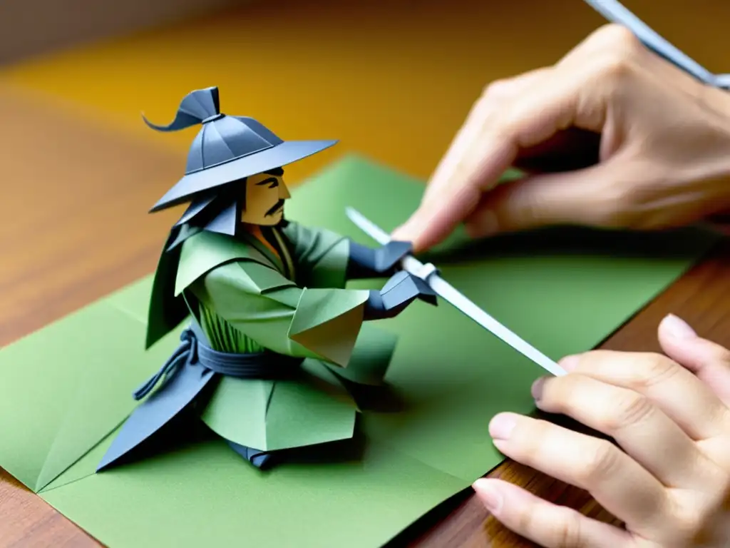 Un artista de origami experto crea un samurái en miniatura con papel, mostrando historia, arte y cultura samurái