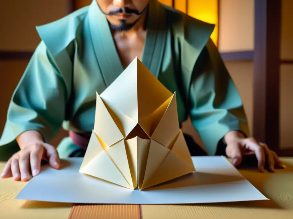 Un artista japonés de origami crea un casco de samurái con maestría, en un ambiente sereno y auténtico que fusiona la historia, arte, filosofía y cultura samurái