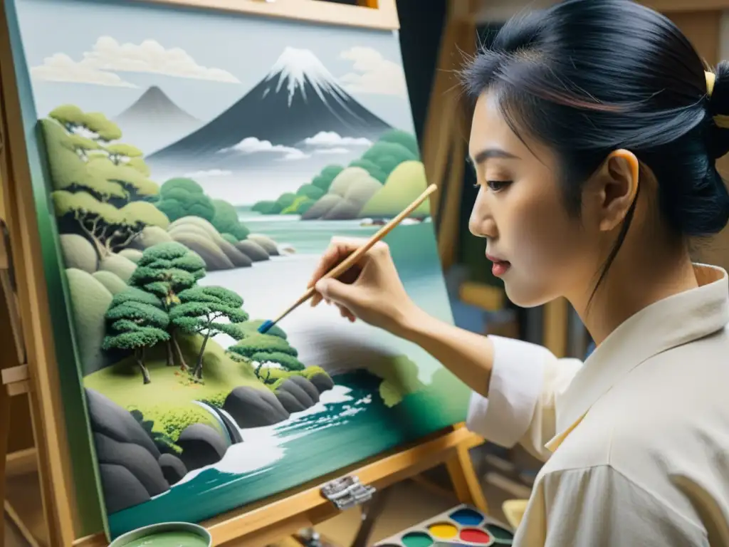 Un artista japonés moderno pintando una escena tradicional con precisión y dedicación, rodeado de herramientas de pintura