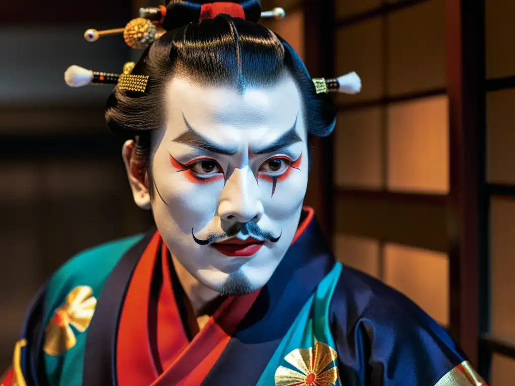 Un artista Kabuki con maquillaje y vestimenta tradicional muestra la influencia Bushidō en el emotivo teatro Kabuki