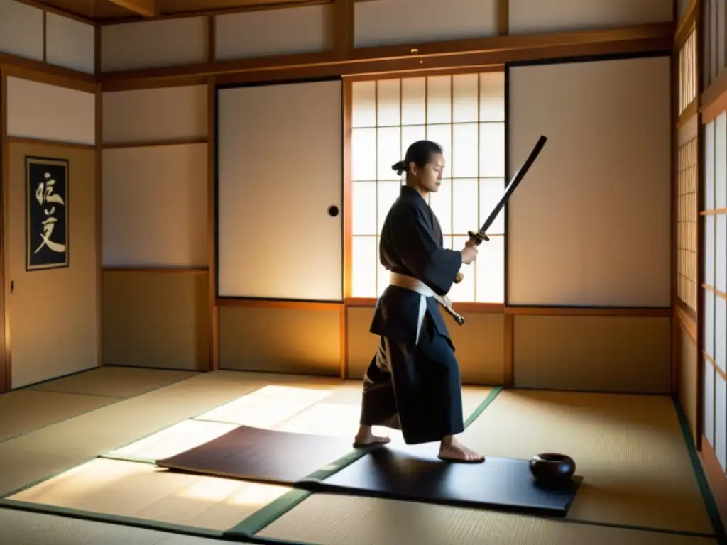 Un artista marcial en un dojo japonés realiza Iaido con un katana, reflejando disciplina y fuerza interior