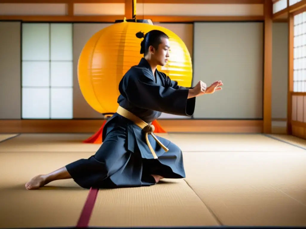 Un artista marcial en un dojo sereno ejecuta una grácil kata de iaido, reflejando serenidad y disciplina mental en movimiento