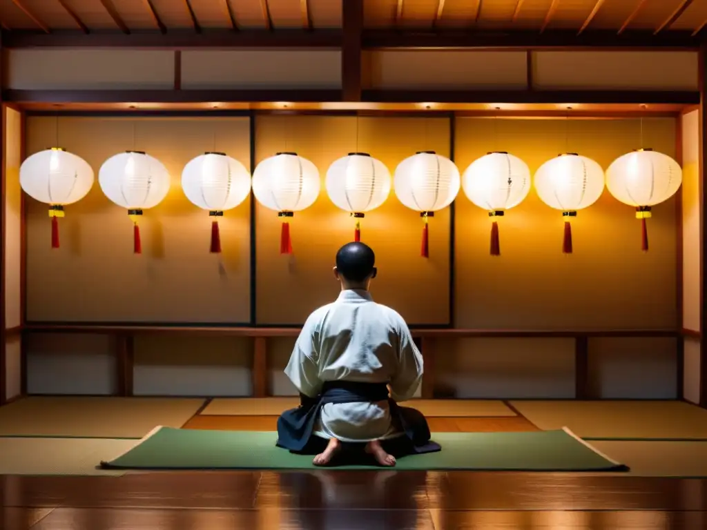 Armonía en el dojo: meditación del artista marcial Un artista marcial en meditación en un dojo tranquilo iluminado, muestra equilibrio y disciplina en su entrenamiento samurai