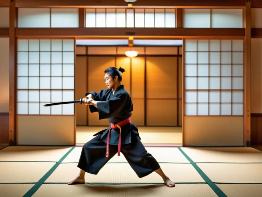 Un artista marcial realiza una elegante kata en un dojo japonés, destacando el significado simbólico de la katana