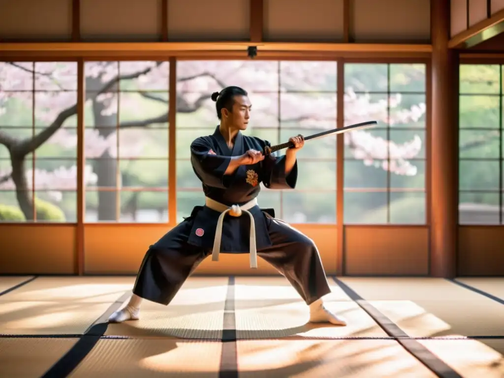 Un artista marcial experimentado en gi japonés, practica en un dojo sereno con árboles de cerezo