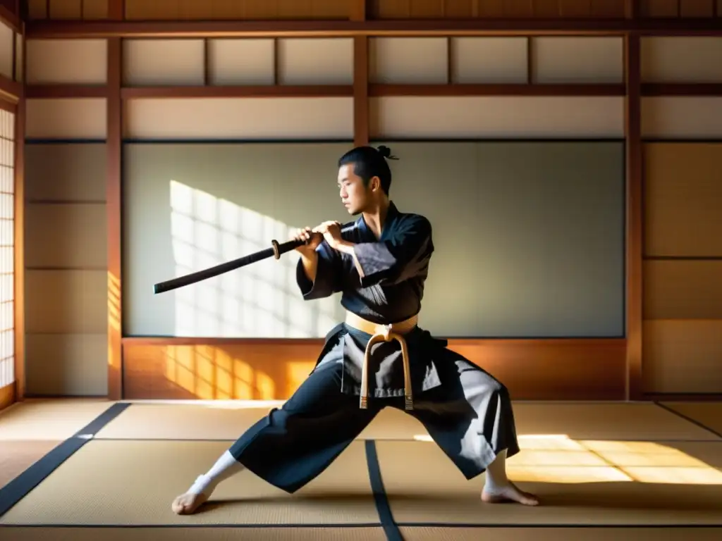 Un artista marcial ejecuta una kata de Iaido con concentración y disciplina en un tranquilo dojo japonés, transmitiendo preparación mental para Iaido