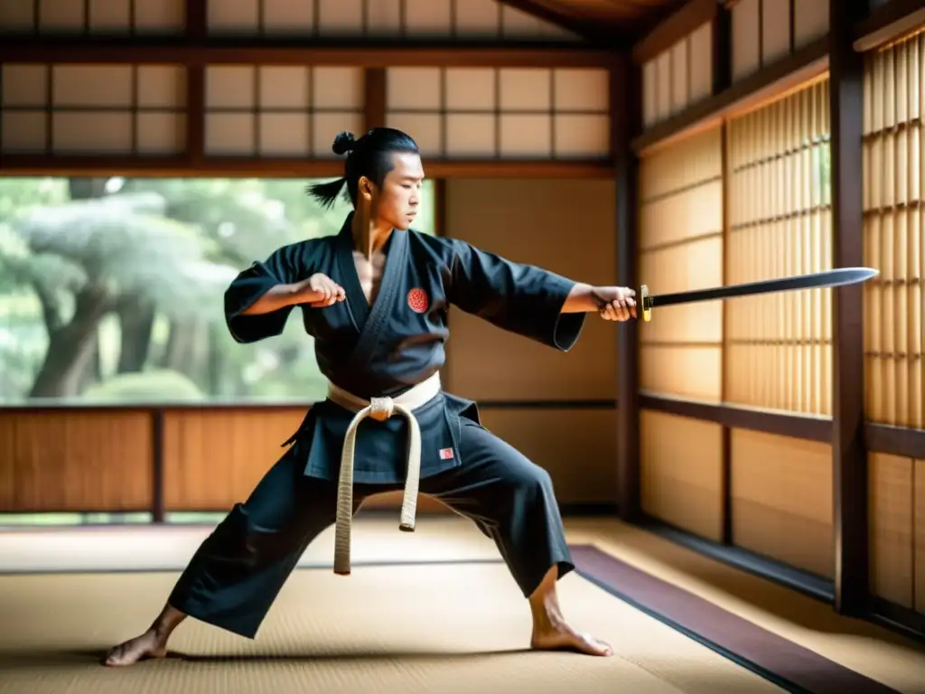 Un artista marcial moderno practica técnicas de espada samurái con intensidad y precisión en un dojo tradicional