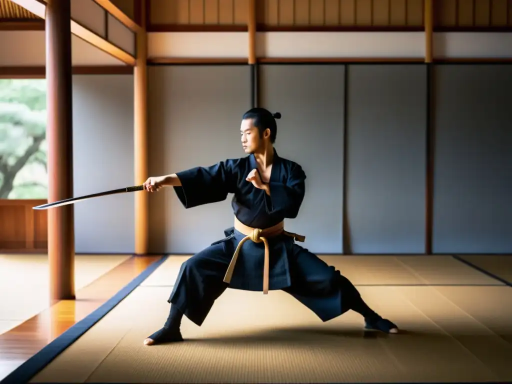 Un artista marcial realiza movimientos precisos de Iaido en un dojo sereno, reflejando la disciplina mental y la meditación en movimiento