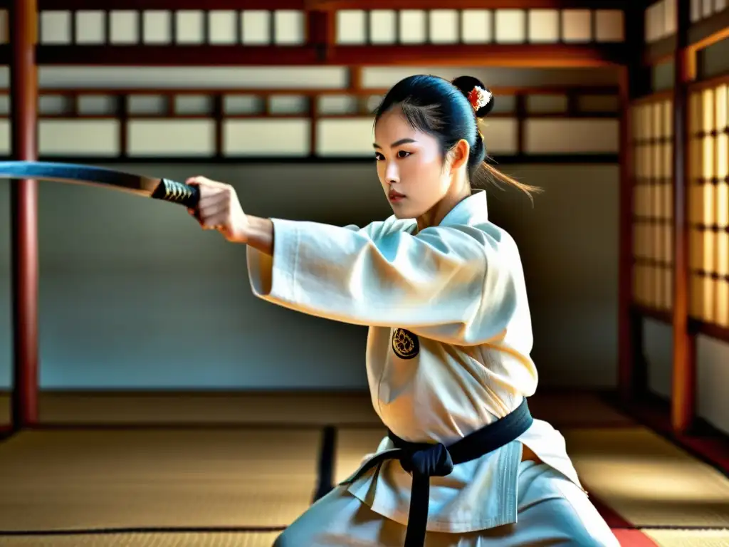 Un artista marcial practica Naginatajutsu en un dojo tradicional, mostrando dedicación y disciplina