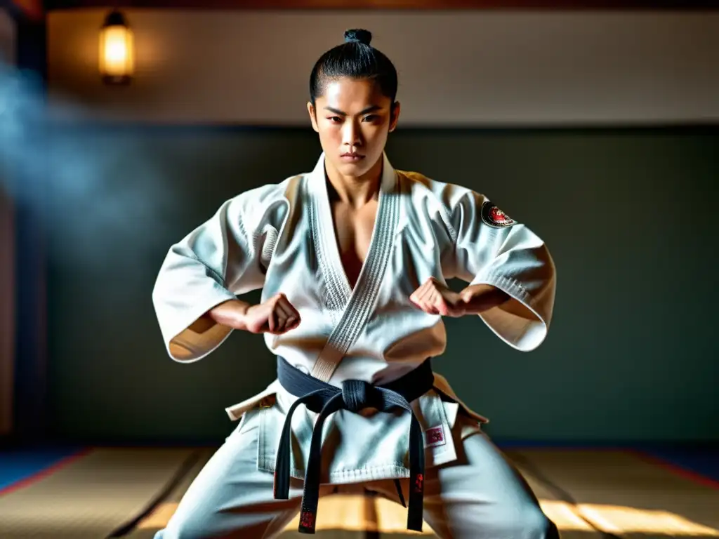 Un artista marcial en posición defensiva, con mirada intensa en un dojo sereno