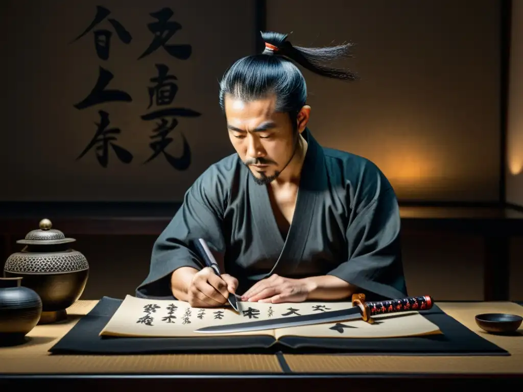 Un artista occidental estudia una antigua espada samurái en un estudio japonés atmosférico, fusionando arte samurái en la novela histórica