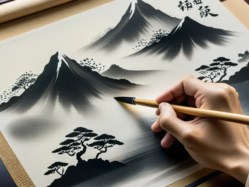 Un artista crea con maestría un paisaje sereno o samurái en una pintura japonesa con la filosofía samurái contemporánea