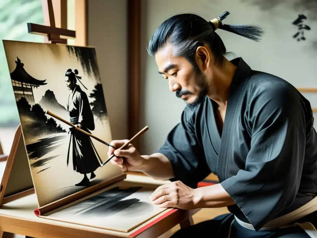 Representación artística del Bushido: Un artista de sumi-e pintando con precisión la esencia del guerrero samurái en tinta japonesa