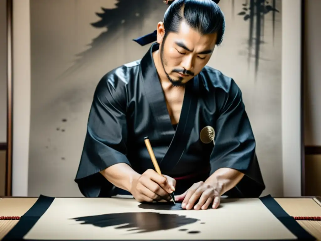 Artista samurái contemporáneo creando pintura japonesa con tinta, fusionando arte y filosofía samurái contemporánea