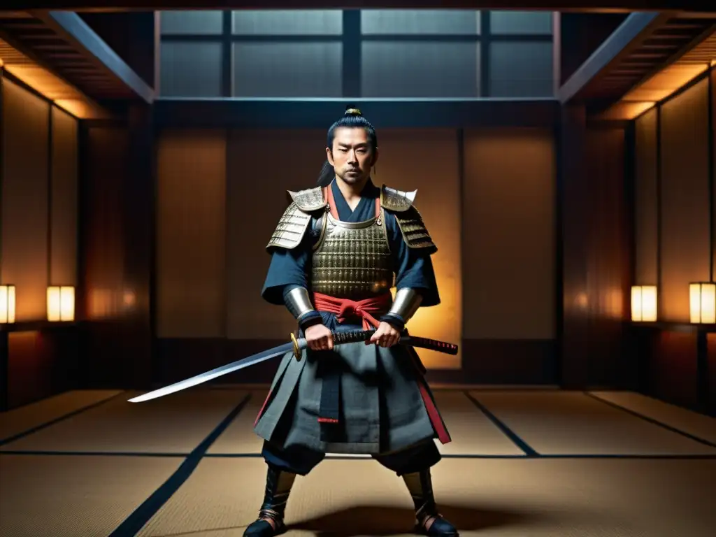 Un artista samurái moderno con armadura tradicional y katana, en un escenario atmosférico